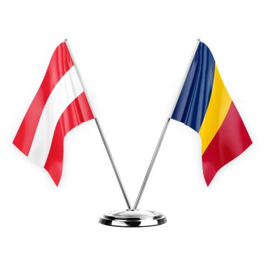 Two table flags isolated on white background 3d illustration, austria and chad