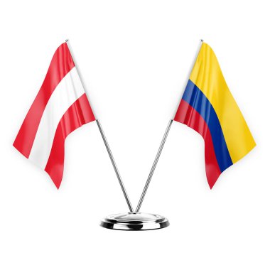 Two table flags isolated on white background 3d illustration, austria and colombia