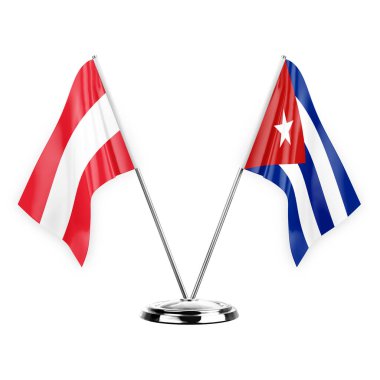 Two table flags isolated on white background 3d illustration, austria and cuba