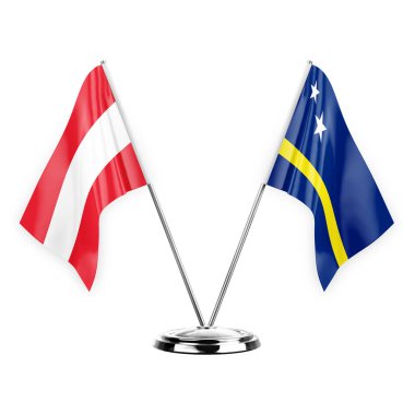 Two table flags isolated on white background 3d illustration, austria and curacao