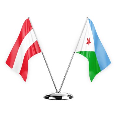 Two table flags isolated on white background 3d illustration, austria and djibouti