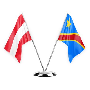 Two table flags isolated on white background 3d illustration, austria and dr congo