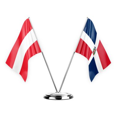 Two table flags isolated on white background 3d illustration, austria and dominican republic