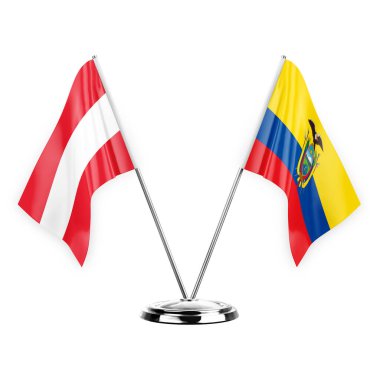Two table flags isolated on white background 3d illustration, austria and ecuador