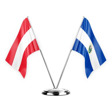 Two table flags isolated on white background 3d illustration, austria and el salvador