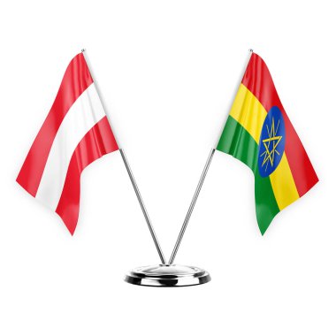Two table flags isolated on white background 3d illustration, austria and ethiopia