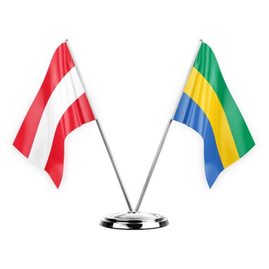 Two table flags isolated on white background 3d illustration, austria and gabon