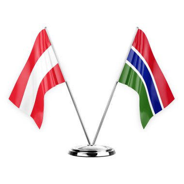 Two table flags isolated on white background 3d illustration, austria and gambia