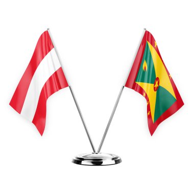 Two table flags isolated on white background 3d illustration, austria and grenada