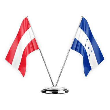 Two table flags isolated on white background 3d illustration, austria and honduras