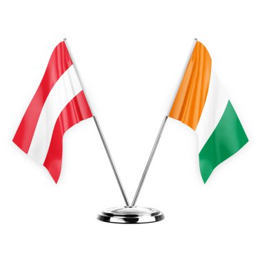 Two table flags isolated on white background 3d illustration, austria and ivory coast