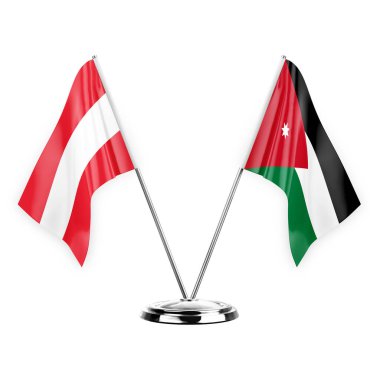 Two table flags isolated on white background 3d illustration, austria and jordan