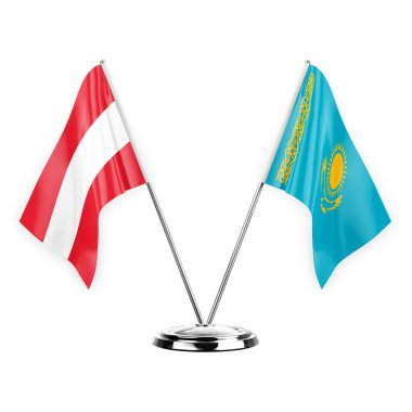 Two table flags isolated on white background 3d illustration, austria and kazakhstan