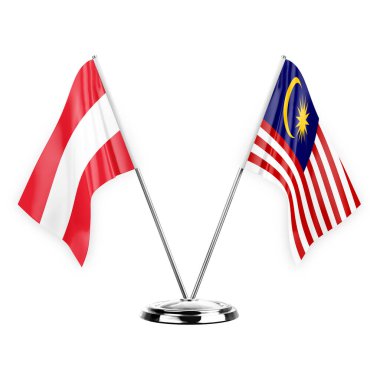Two table flags isolated on white background 3d illustration, austria and malaysia
