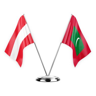 Two table flags isolated on white background 3d illustration, austria and maldives