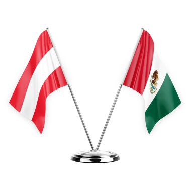 Two table flags isolated on white background 3d illustration, austria and mexico