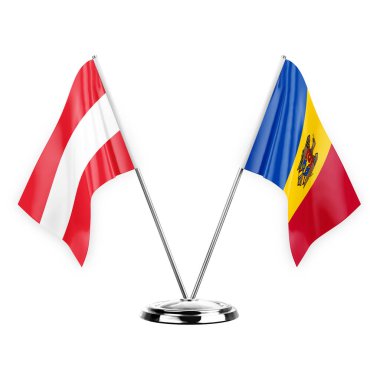 Two table flags isolated on white background 3d illustration, austria and moldova