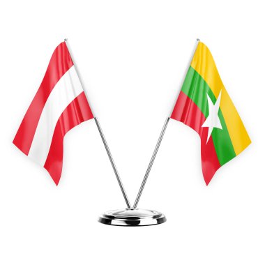 Two table flags isolated on white background 3d illustration, austria and myanmar