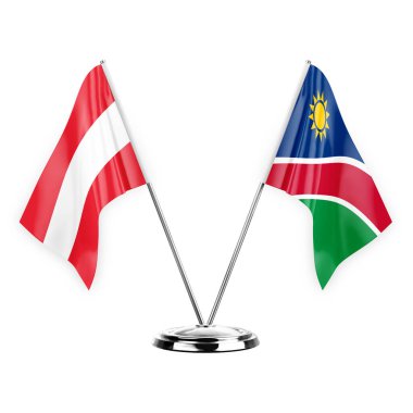 Two table flags isolated on white background 3d illustration, austria and namibia
