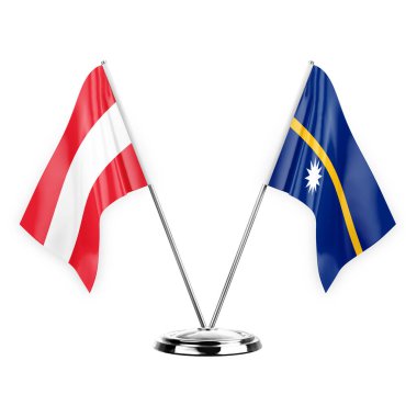 Two table flags isolated on white background 3d illustration, austria and nauru