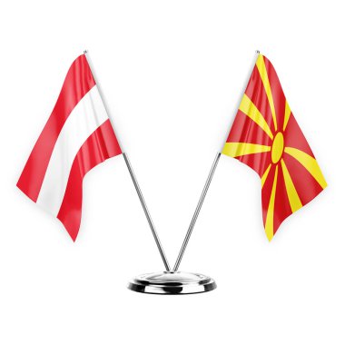 Two table flags isolated on white background 3d illustration, austria and north macedonia