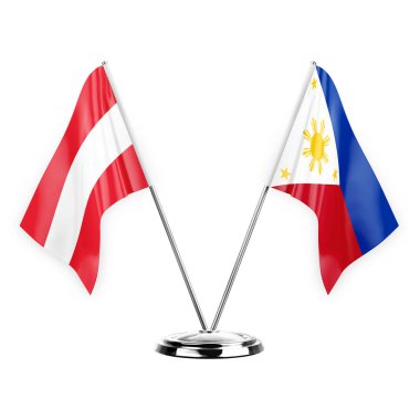 Two table flags isolated on white background 3d illustration, austria and philippines