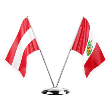 Two table flags isolated on white background 3d illustration, austria and peru