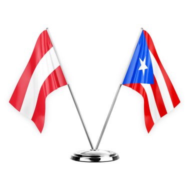 Two table flags isolated on white background 3d illustration, austria and puerto rico