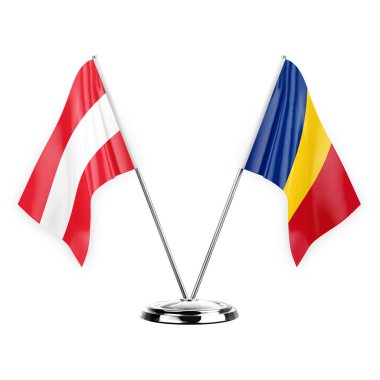 Two table flags isolated on white background 3d illustration, austria and romania