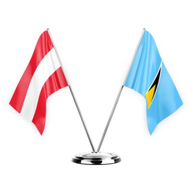 Two table flags isolated on white background 3d illustration, austria and saint lucia