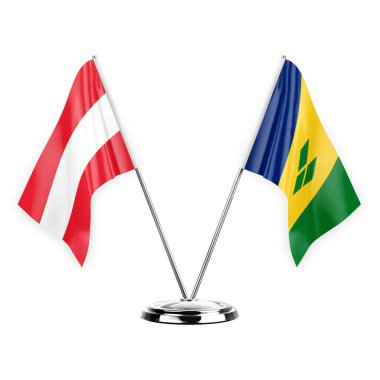Two table flags isolated on white background 3d illustration, austria and saint vincent and the grenadines