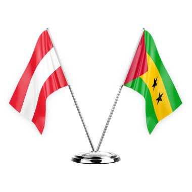 Two table flags isolated on white background 3d illustration, austria and sao tome and principe