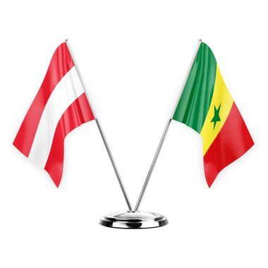 Two table flags isolated on white background 3d illustration, austria and senegal