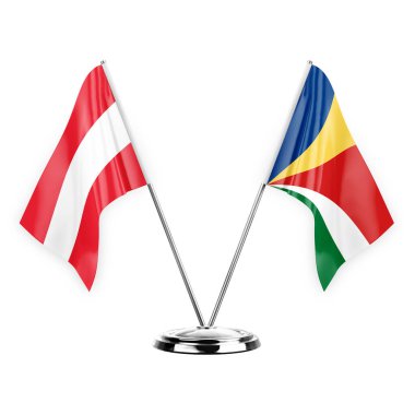 Two table flags isolated on white background 3d illustration, austria and seychelles