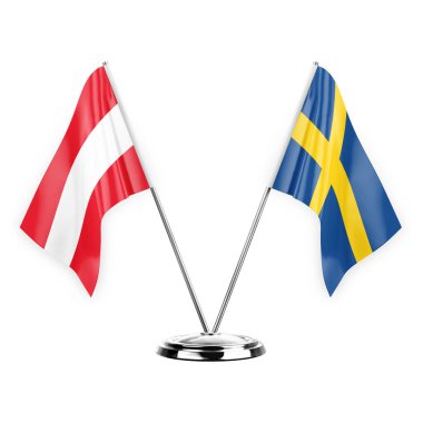 Two table flags isolated on white background 3d illustration, austria and sweden