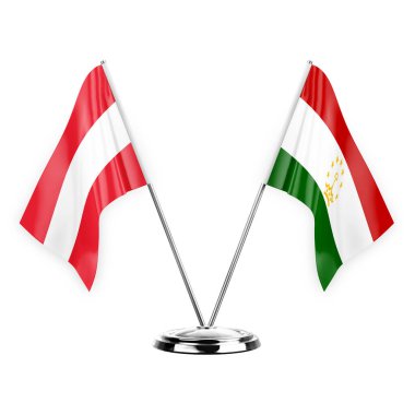 Two table flags isolated on white background 3d illustration, austria and tajikistan