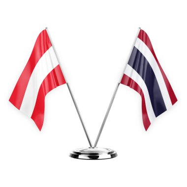 Two table flags isolated on white background 3d illustration, austria and thailand