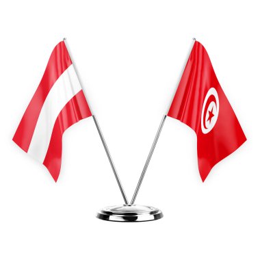Two table flags isolated on white background 3d illustration, austria and tunisia