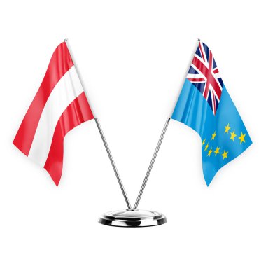Two table flags isolated on white background 3d illustration, austria and tuvalu