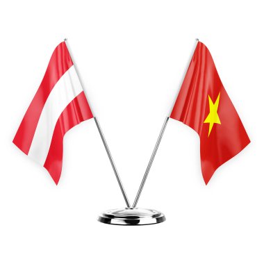 Two table flags isolated on white background 3d illustration, austria and vietnam