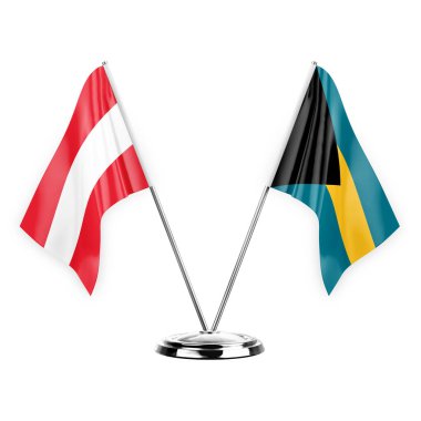 Two table flags isolated on white background 3d illustration, austria and bahamas