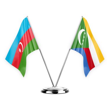 Two table flags isolated on white background 3d illustration, azerbaijan and comoros