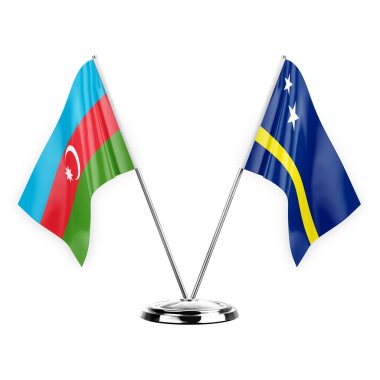 Two table flags isolated on white background 3d illustration, azerbaijan and curacao