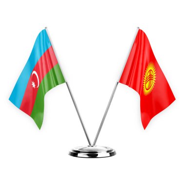 Beyaz arka planda izole edilmiş iki masa bayrakları 3d illüstrasyon, Azerbaijan ve Kırgızistan. Tarihi bayrak
