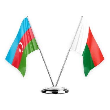 Two table flags isolated on white background 3d illustration, azerbaijan and madagascar