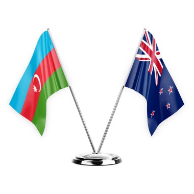 Two table flags isolated on white background 3d illustration, azerbaijan and new zealand