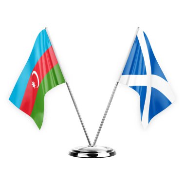 Two table flags isolated on white background 3d illustration, azerbaijan and scotland
