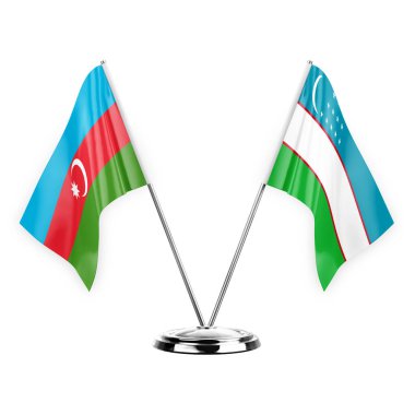 Two table flags isolated on white background 3d illustration, azerbaijan and uzbekistan