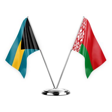 Two table flags isolated on white background 3d illustration, bahamas and belarus