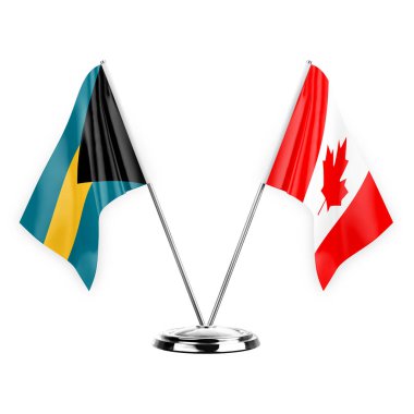 Two table flags isolated on white background 3d illustration, bahamas and canada